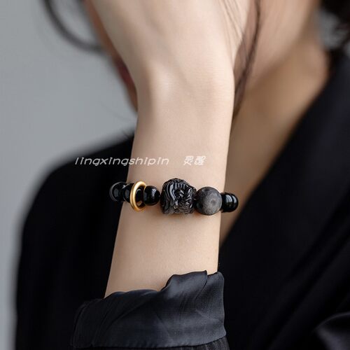 天然情侣款黑曜石醒狮月球手串