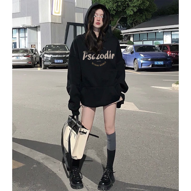 美式字母印花简约黑色连帽卫衣女2023秋冬新款时尚百搭宽松上衣潮