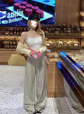 2025新款原创条纹休闲裤女美式高腰垂感阔腿裤慵懒风秋冬拖地裤子