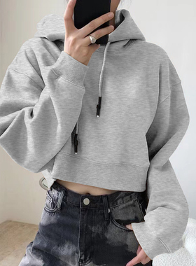 2025冬季新款女装休闲上衣宽松显瘦长袖内搭加绒连帽短款卫衣女潮