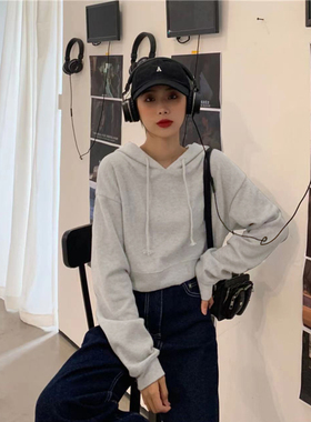 抽绳连帽长袖卫衣女秋季韩版2025新款辣妹设计感宽松短款套头上衣