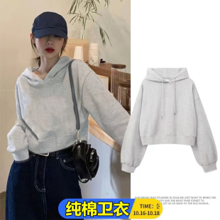 宽松上衣外套 加绒2025韩版 百搭连帽套头短款 纯棉卫衣女早春秋冬季