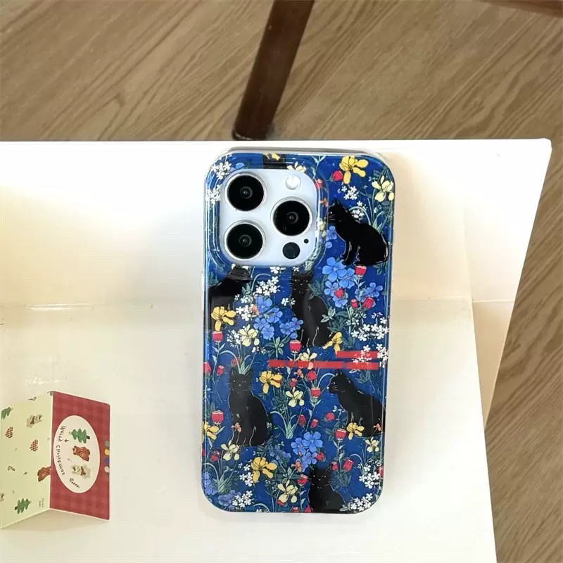 [ 蓝色碎花与小猫 ] ins复古油画双层IMD花朵碎花小黑猫带手链适用iphone16手机壳小众简约男女可爱卡通复古