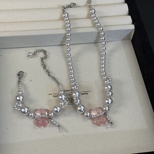 可爱粉色水晶小熊爱心锆石珍珠项链女小众高级感简约手链毛衣链潮