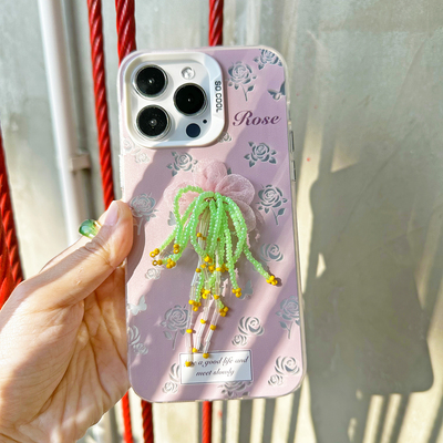 TRstudio原创设计蝴蝶结镜子花朵串珠流苏手机壳粉色少女心全包软壳适用于iphone15promax1413pro手作镜面壳