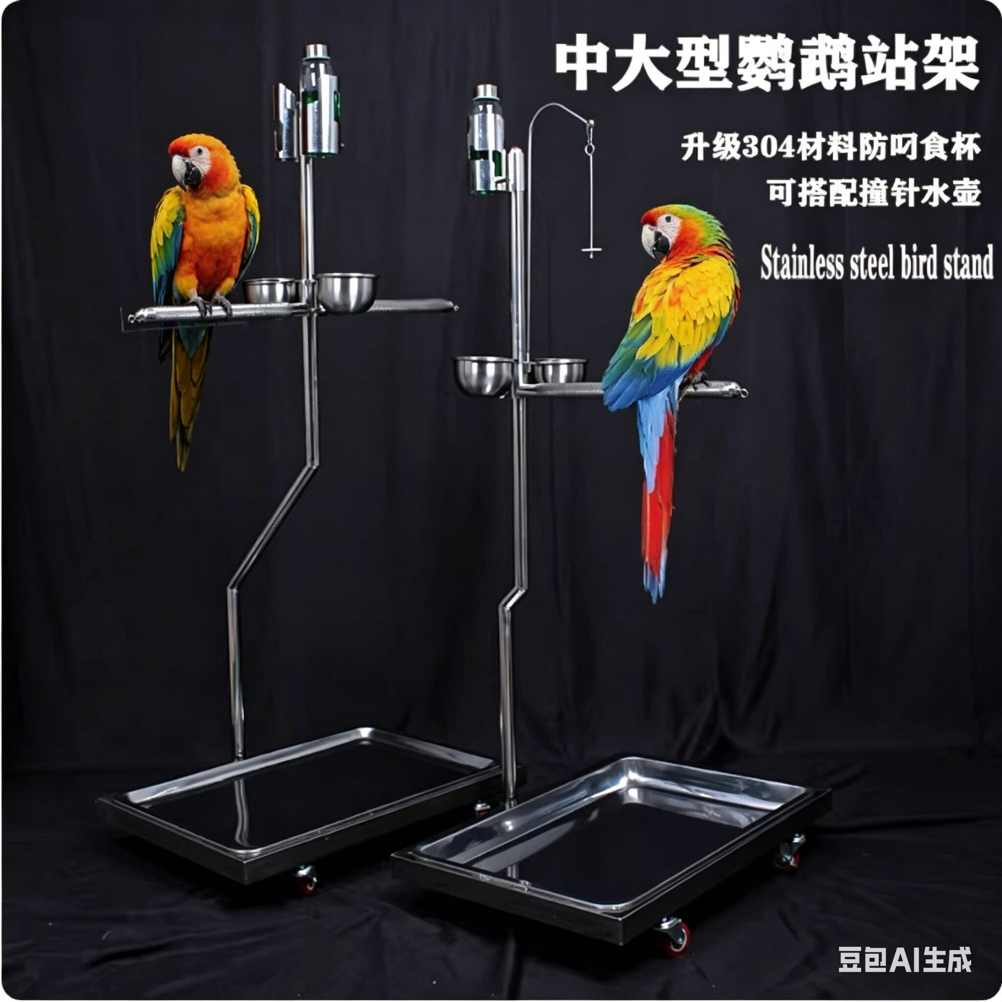 中大型鹦鹉超大号7字双鸟不锈钢升降站架落地鸟用F架子栖息饮水架