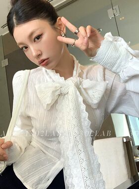 网红同款法式重工蕾丝拼接大蝴蝶结白衬衫2024早秋新款绝美上衣女