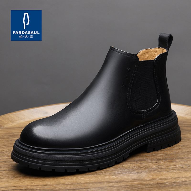 帕达索马丁靴男秋冬加绒中帮皮靴复古厚底英伦工装切尔西靴241016
