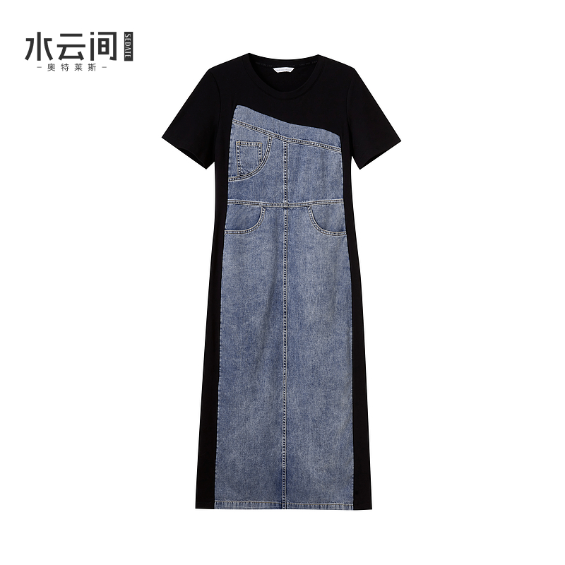 水云间牛仔拼接连衣裙女短袖收腰中长裙子复古风设计感2025夏新款