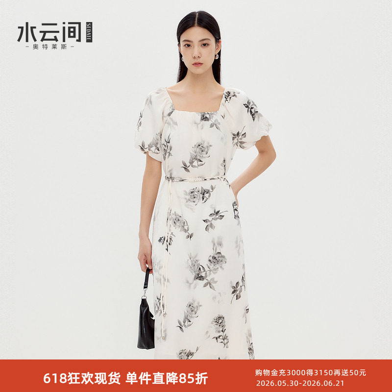 水云间中国风印花方领连衣裙女泡泡袖浅色a字中长裙子雪纺2026秋