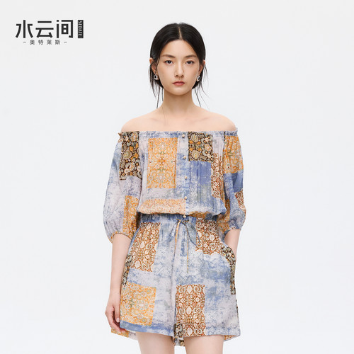 水云间复古波西米亚风连体短裤女一字领泡泡袖显瘦连体衣夏日度假