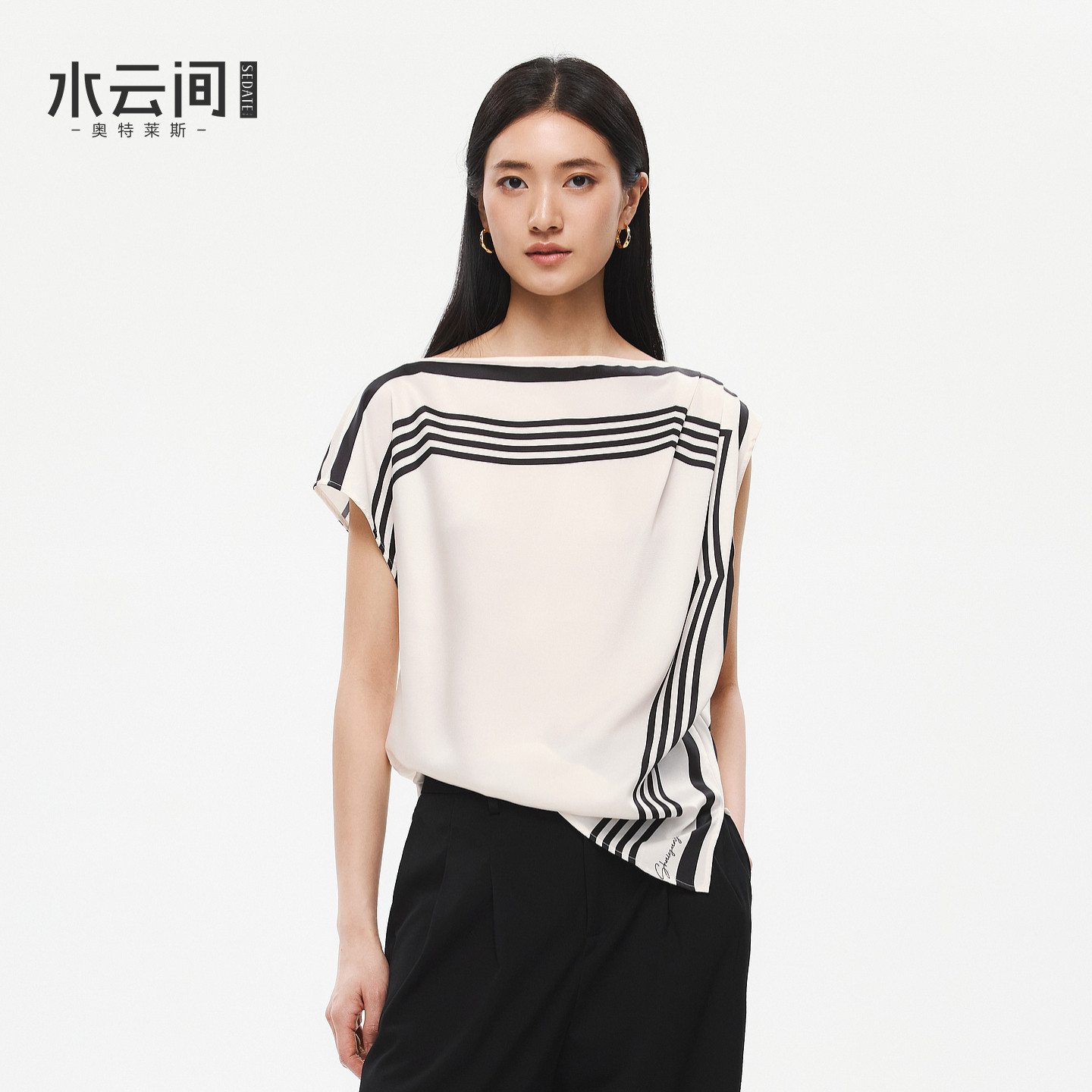 水云间黑白条纹一字领上衣女雪纺衫不对称缎面通勤知性风宽松衬衫图片