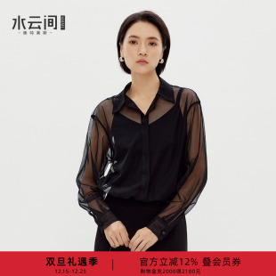 新款 衬衣半透明宽松雪纺上衣2025秋季 女长袖 水云间黑色假两件衬衫
