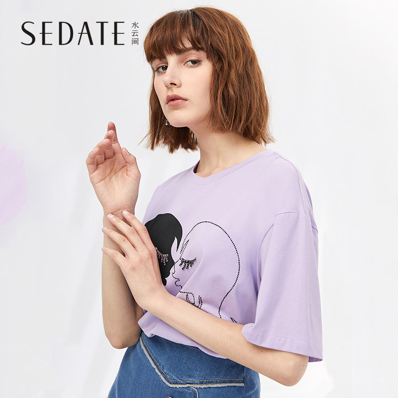 水云间体恤上衣女夏季新款圆领短袖T恤女宽松镶钻棉质打底衫