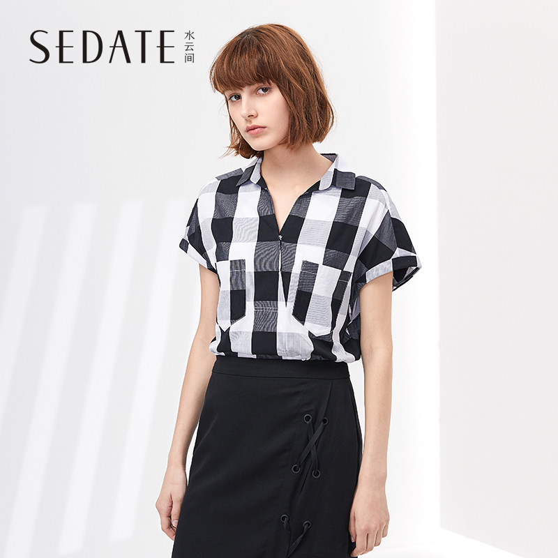 水云间格子衬衣女夏季新款POLO领纯棉衬衫女短袖套头休闲上衣