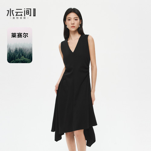 水云间黑色V领连衣裙女高智风收腰裙子莱赛尔醋酸混纺不对称设计