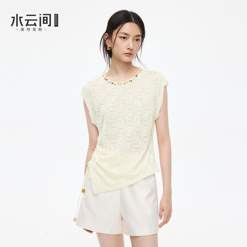 水云间彩石五角星钉珠蕾丝衫上衣女包袖显瘦背心侧边抽绳2026新款