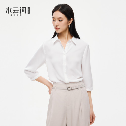 水云间白色七分袖衬衫女雪纺衫衬衣极简翻领上衣知识分子风2026夏