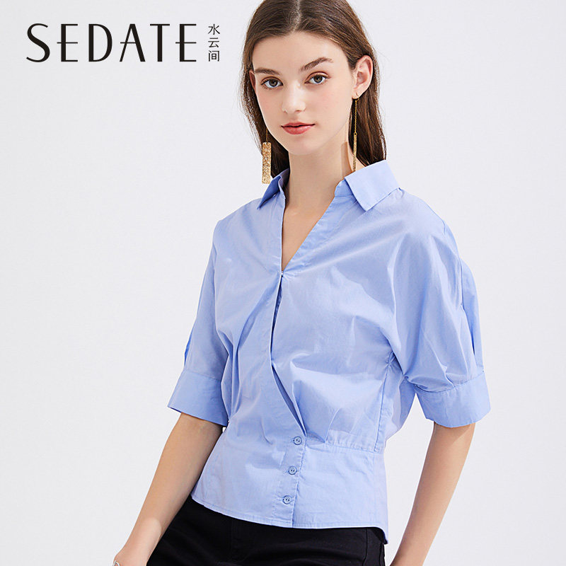 水云间V领衬衫2020夏季新款宽松显瘦衬衣设计感小众纯色上衣女装