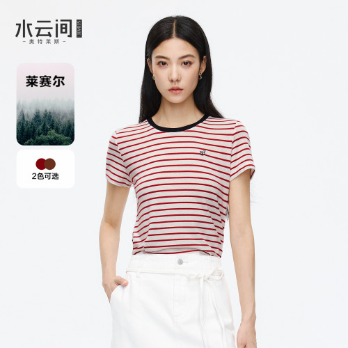 水云间条纹莱赛尔短袖T恤女夏