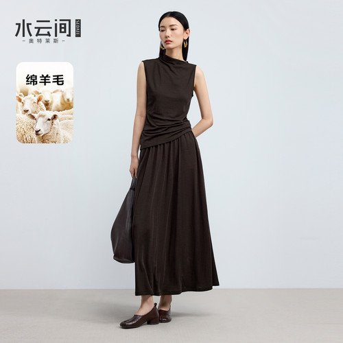 水云间法式静奢风深咖两件套女堆堆领针织衫上衣半身长裙套装新款