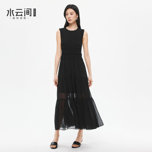 水云间黑色背心连衣裙女松弛感雪纺a字大摆纱裙子无袖2026夏新款