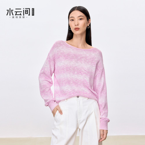 【休闲假日】水云间粉色薄款毛针织衫女圆领上衣温柔风长袖毛衣