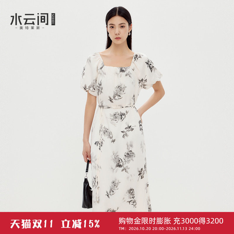 水云间中国风印花方领连衣裙女泡泡袖浅色a字中长裙子雪纺2026秋