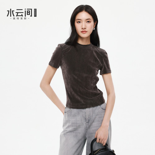 水云间丝绒短款上衣女深灰色短袖T恤正肩修身显瘦小衫2026春新款