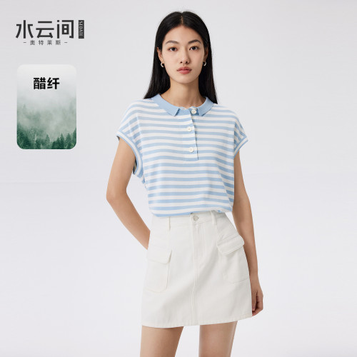 水云间蓝白条纹Polo领针织衫女老钱风松弛感通勤无袖上衣醋酸混纺
