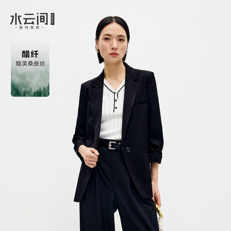 水云间西服黑色七分袖小西装外套女西服职业上衣cleanfit极简穿搭图片