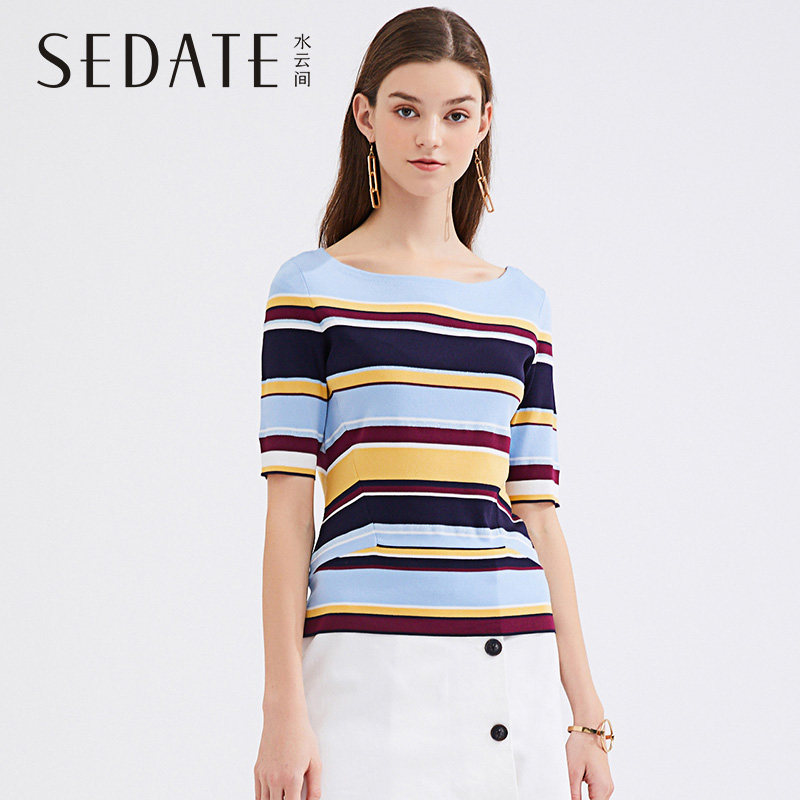 【商场同款】水云间低圆领彩条纹毛针织衫夏季新款修身薄款毛衣女