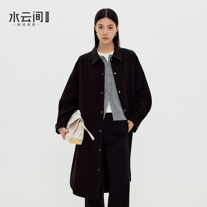 水云间黑色衬衫领休闲廓形风衣女中长款外套宽松气质都市感2025秋