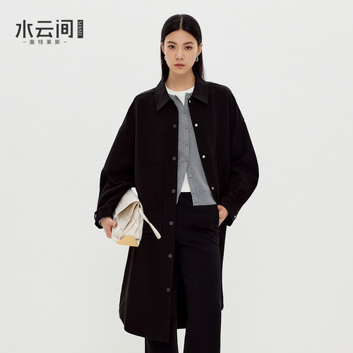 水云间黑色衬衫领休闲廓形风衣女中长款外套宽松气质都市感2026秋