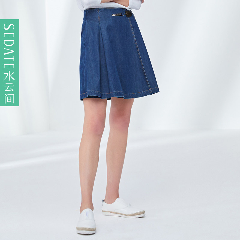 水云间收腰牛仔裙蓝色女裙夏季韩版褶皱显瘦百搭高腰A字裙半身裙