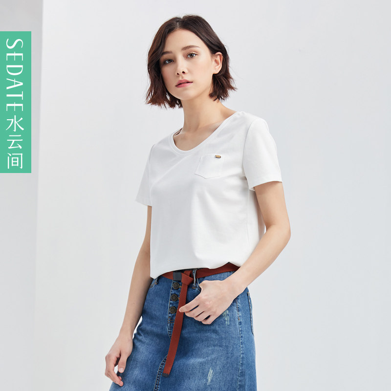 水云间夏季新款纯色短袖百搭圆领上衣纯棉女T恤