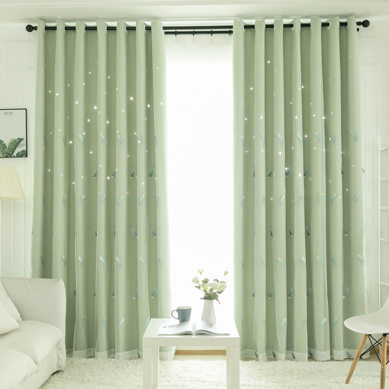韩式镂空星星加羽毛纱全遮光窗帘双层卧室客厅飘窗阳台定制成品i.