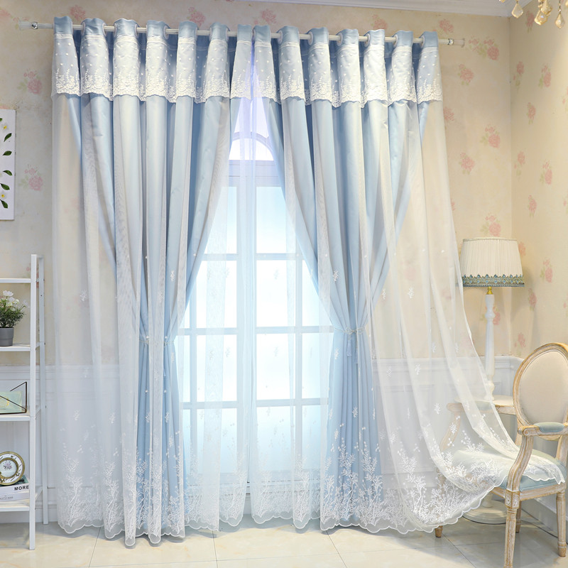 北欧简约新款遮光窗帘布绣花卧室客厅飘窗大气网红款灰双层纱一体