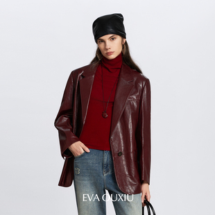 EVAOUXIU高智感通勤绵羊皮极简利落西装领真皮皮衣夹克皮外套秋冬