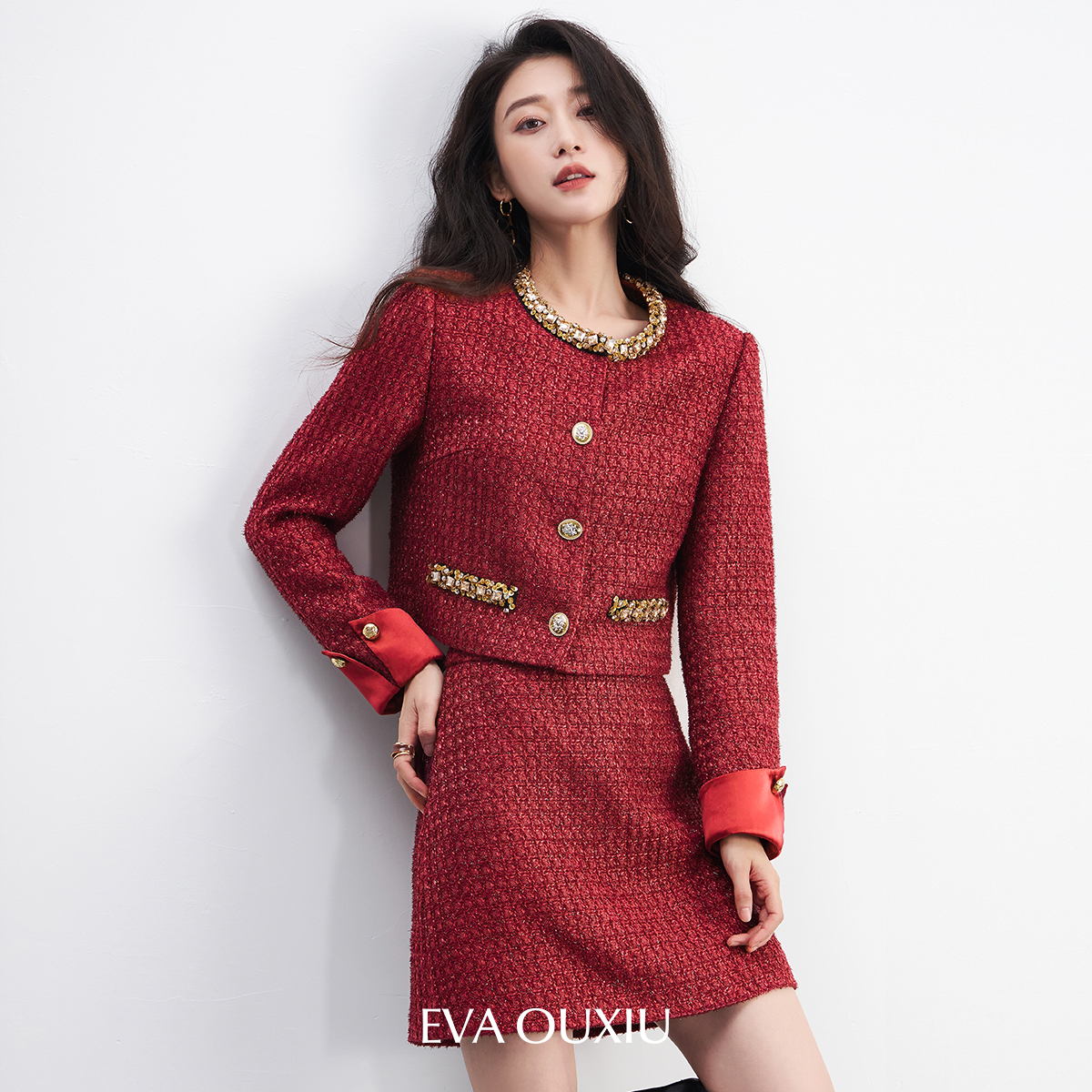 【活动价】伊华欧秀新年战袍红色千金风新款秋冬精致名媛法式a字裙外套套装