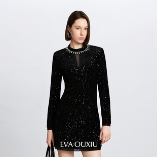EVAOUXIU重磅钉珠领亮片丝绒A字黑色连衣裙长裙气质流行显瘦穿搭