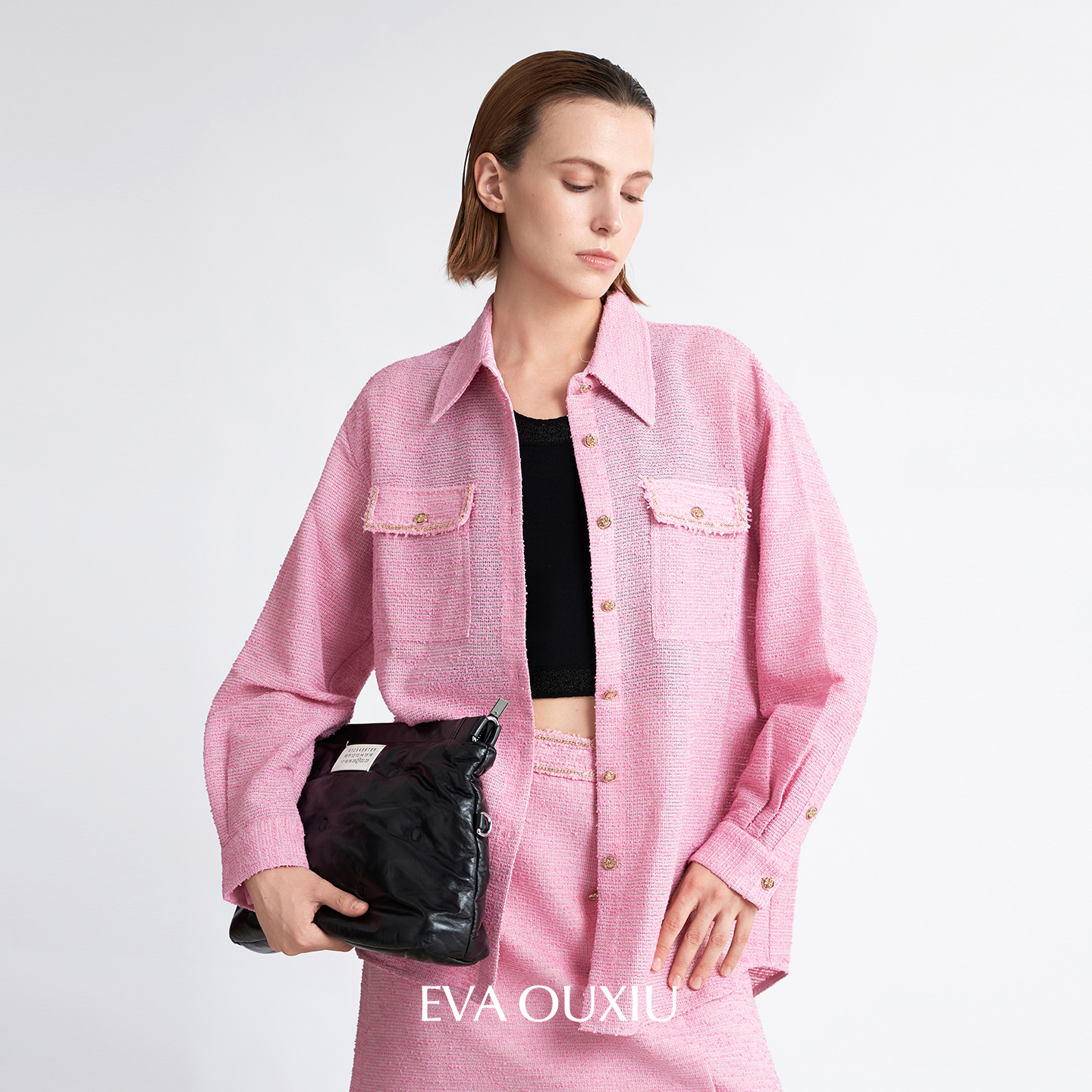 静奢老钱风醋酸衬衫+半裙+西装