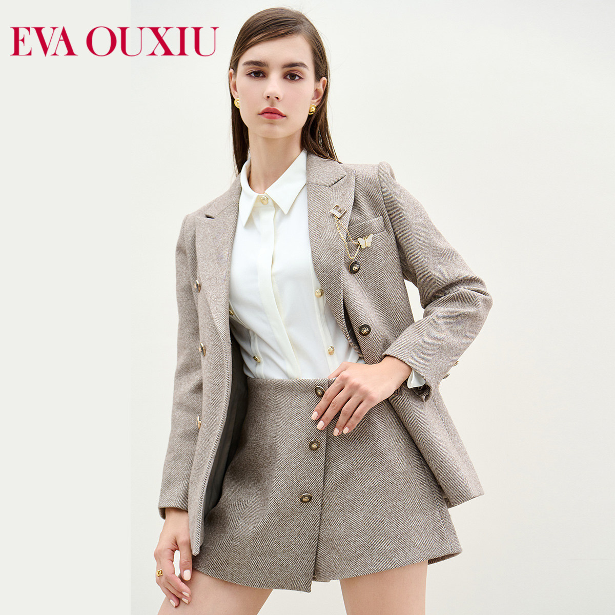 伊华欧秀2021年秋季新款通勤百搭显瘦厚短裤女设计感A字高腰裙裤