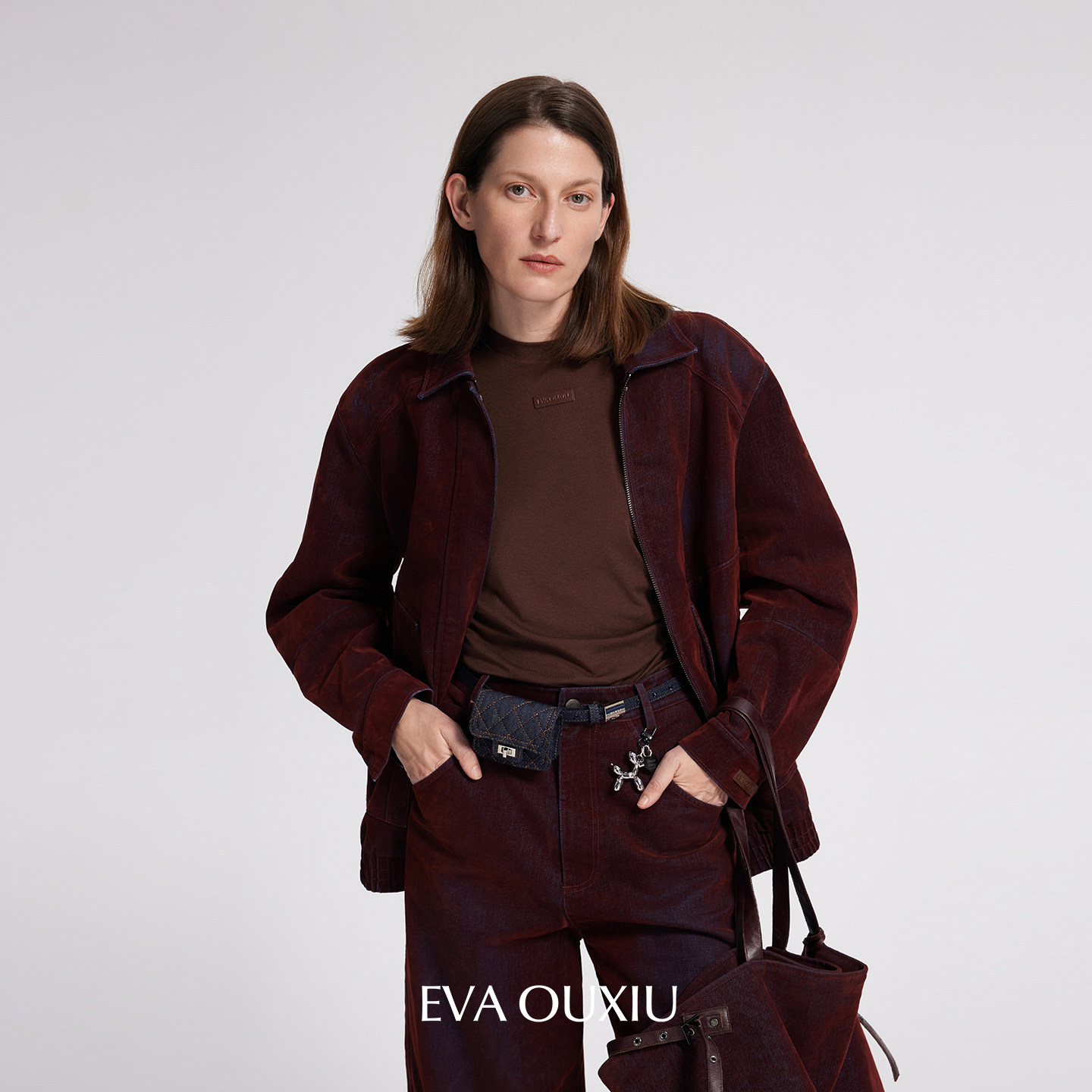 EVAOUXIU复古红色灯芯绒夹克2026年春商场同款宽松植绒牛仔外套女