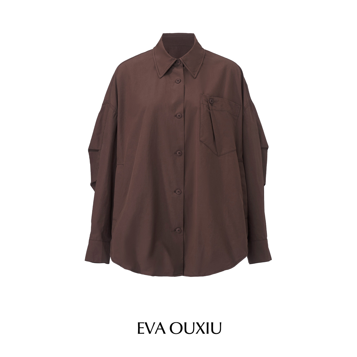 EVAOUXIU摩卡棕色高智感老钱风全棉衬衫宽松灯笼袖上衣女