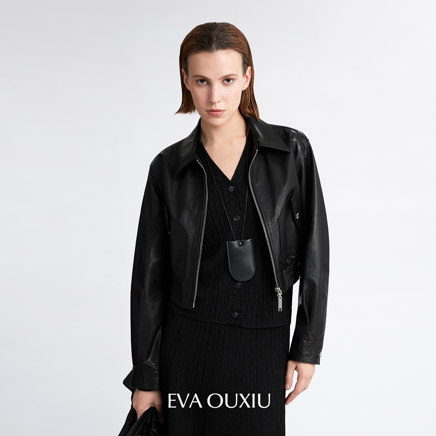 EVAOUXIU咖色羊皮松弛感真皮衣
