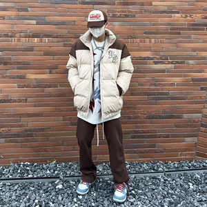 scs想文 美式街头立领拼色棉服男女hiphop加厚宽松情侣面包服外套