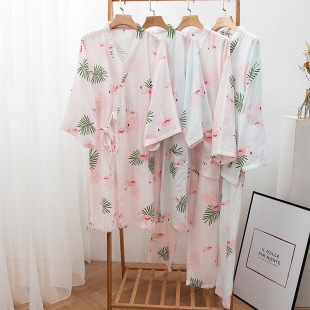 日系全纯棉纱布火烈鸟和服睡衣少女薄款长袖汗蒸家居服春夏季新品