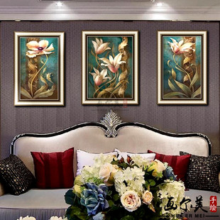 复古玉兰花卉欧式 三联手绘油画美式 田园客厅餐厅玄关壁炉装 饰画