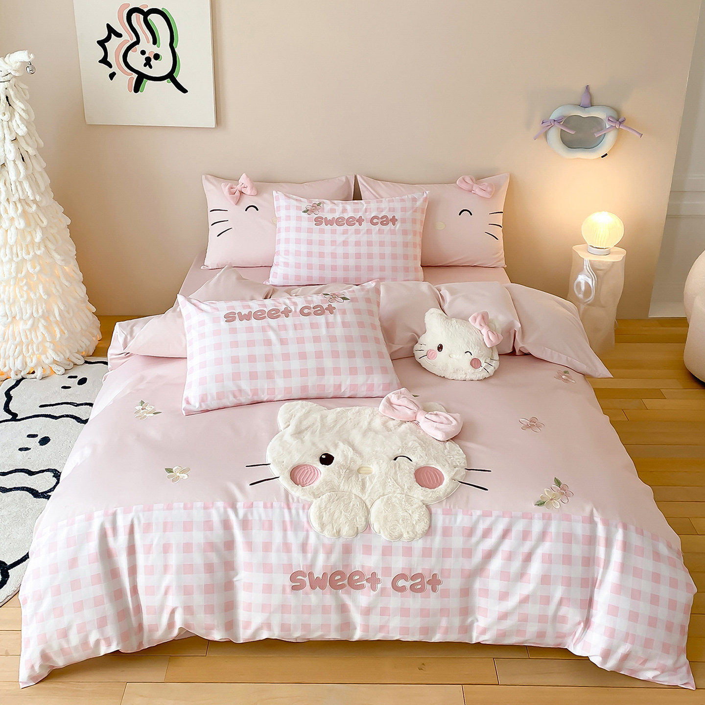 HelloKitty卡通纯棉全棉四件套儿童凯蒂kt猫毛巾绣床上被套三件套
